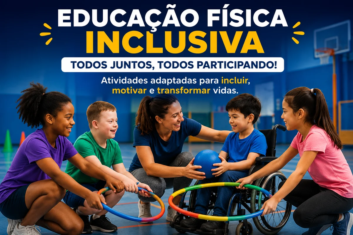 Educação Física Inclusiva com professora e crianças participando juntas